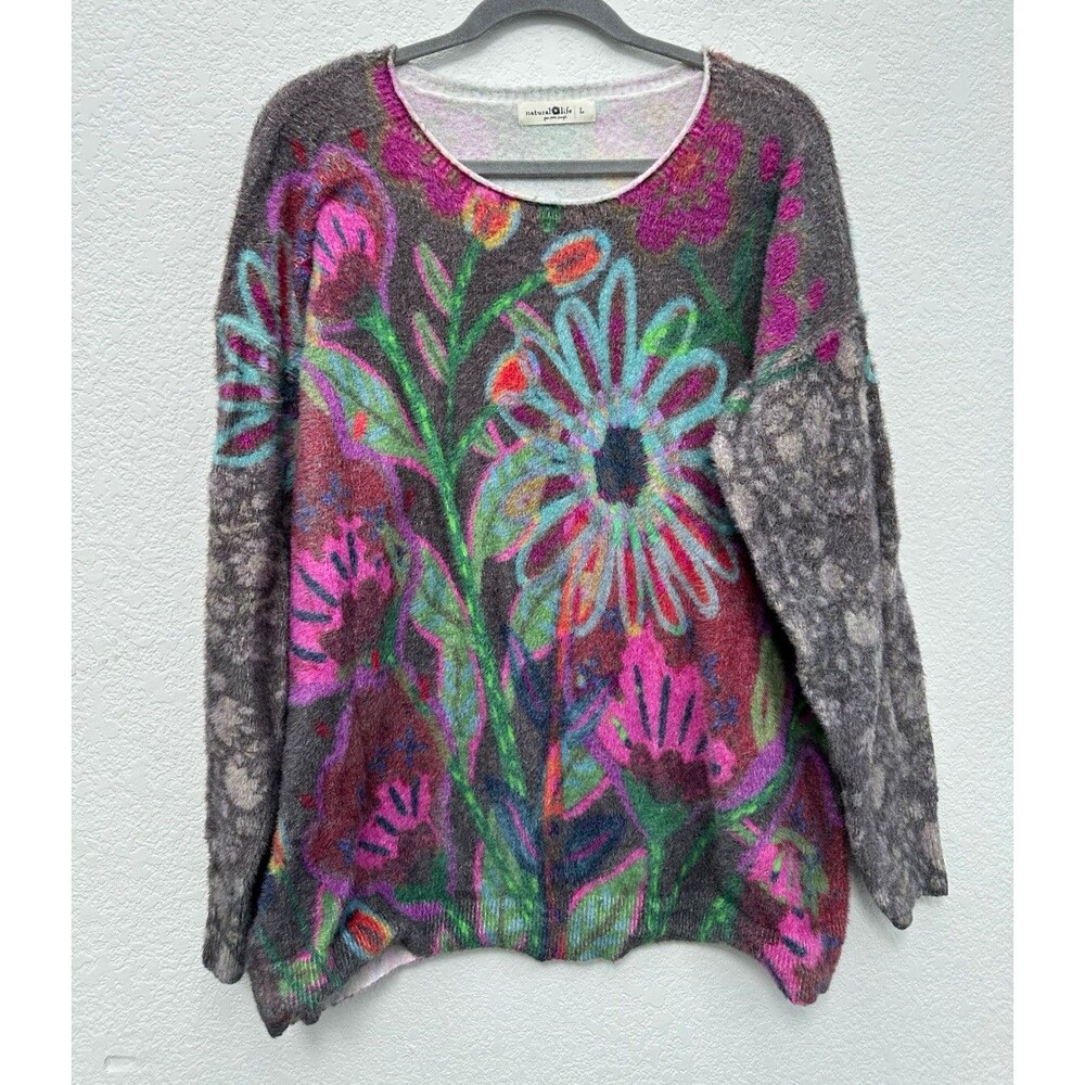 Natural Life Womens L Fuzzy Eyelash Knit Floral Botanical Roll Neck Sweater Boho